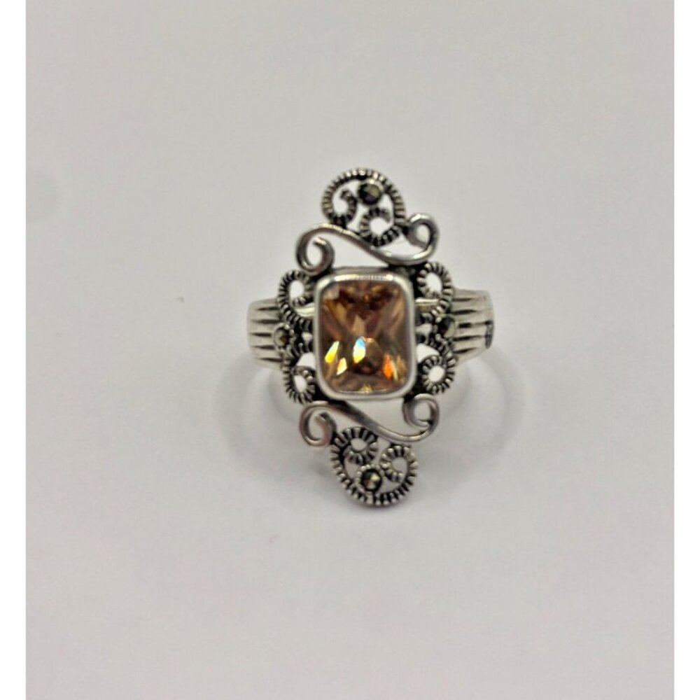 925 Silver Ring ,Size 7.5 Filigree, Marcasite Stone, Floral Style